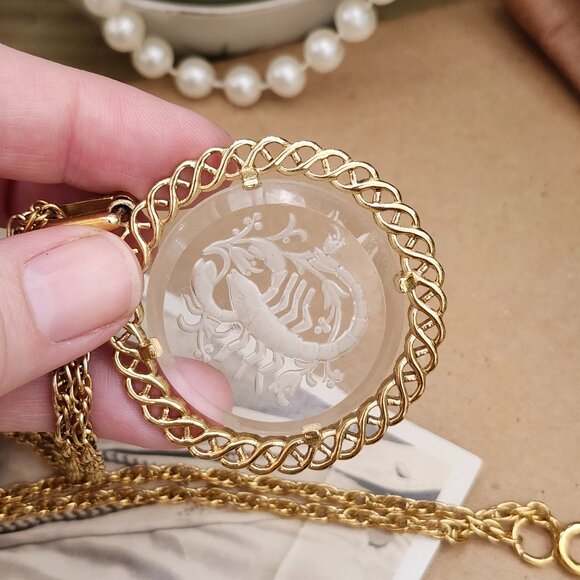 Vintage 1960's Crown Trifari Reverse Intaglio Glass Scorpio Zodiac Pendant - Picture 1 of 12